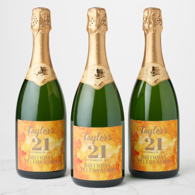 Étiquettes Pour Bouteilles De Vin Mousseux 21e Anniversaire Jaune - Aquarelle orange (Bouteilles)