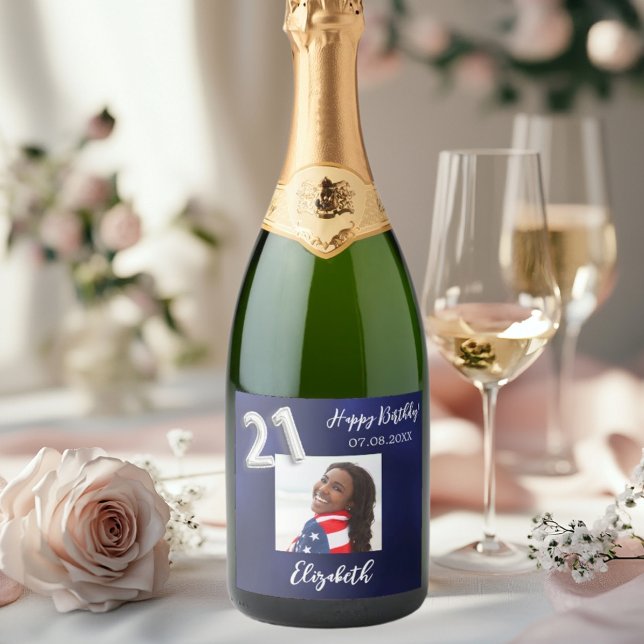 Étiquettes Pour Bouteilles De Vin Mousseux 21e anniversaire marine photo bleue (Créateur téléchargé)