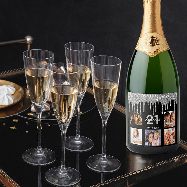 Étiquettes Pour Bouteilles De Vin Mousseux 21e anniversaire parties scintillant photo personn (Créateur téléchargé)