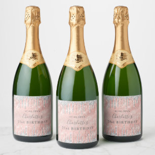 Étiquettes Pour Bouteilles De Vin Mousseux 21e anniversaire rose gouttes d'or argent