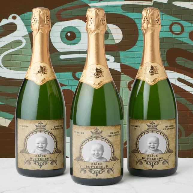 Étiquettes Pour Bouteilles De Vin Mousseux 21e anniversaire Vintage Retro Monogramme Ajouter  (Créateur téléchargé)