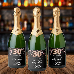 Étiquettes Pour Bouteilles De Vin Mousseux 30e anniversaire noir rose étoiles d'or