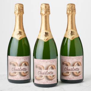 Étiquettes Pour Bouteilles De Vin Mousseux 30e anniversaire rose or parties scintillant monog