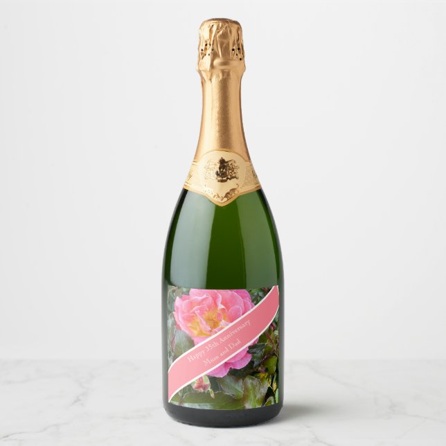 Étiquettes Pour Bouteilles De Vin Mousseux 35e anniversaire Mariage Rose corallien (Devant)
