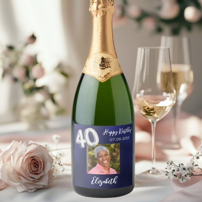 Étiquettes Pour Bouteilles De Vin Mousseux 40e anniversaire marine bleu photo (Créateur téléchargé)