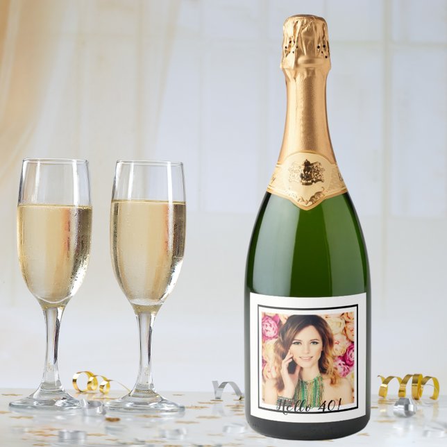 Étiquettes Pour Bouteilles De Vin Mousseux 40e anniversaire photo personnalisée blanc noir (Créateur téléchargé)