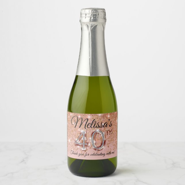 Étiquettes Pour Bouteilles De Vin Mousseux 40e anniversaire Rose Parties scintillant d'or Cas (Devant)