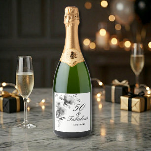 Étiquettes Pour Bouteilles De Vin Mousseux 50 ans et Fabuleux Fleurs Noir Blanc 50e Anniversa