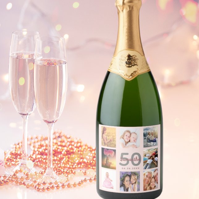 Étiquettes Pour Bouteilles De Vin Mousseux 50e anniversaire fête personnalisée photo collage  (Créateur téléchargé)