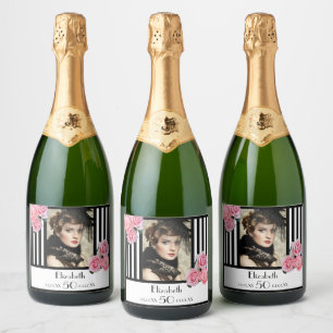 Étiquettes Pour Bouteilles De Vin Mousseux 50e anniversaire noir blanc rayures photo florale