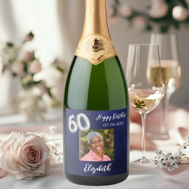 Étiquettes Pour Bouteilles De Vin Mousseux 60e anniversaire marine photo bleue (Créateur téléchargé)