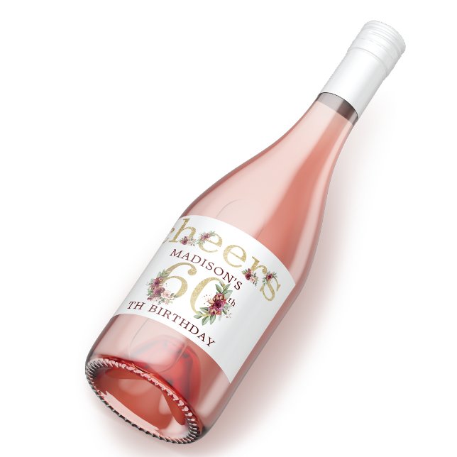 Étiquettes Pour Bouteilles De Vin Mousseux 60e anniversaire Personnalisé Gold Floral (Créateur téléchargé)