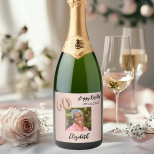 Étiquettes Pour Bouteilles De Vin Mousseux 60e anniversaire rose or rose photo