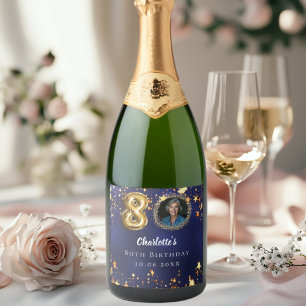 Étiquettes Pour Bouteilles De Vin Mousseux 80e anniversaire marine bleu or étoiles photo