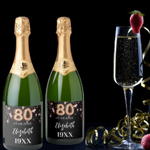 Étiquettes Pour Bouteilles De Vin Mousseux 80e anniversaire noir rose étoiles d'or