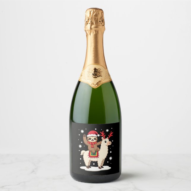 Étiquettes Pour Bouteilles De Vin Mousseux Alpaca Sloth Christmas (1) (Devant)