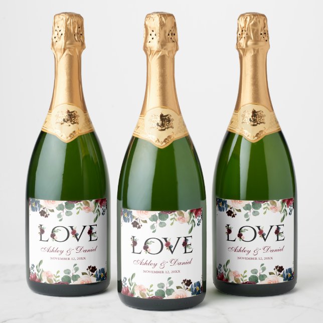 Étiquettes Pour Bouteilles De Vin Mousseux Amour Aquarelle Bourgogne Bleu Floral Mariage (Bouteilles)