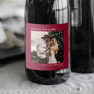 Étiquettes Pour Bouteilles De Vin Mousseux Amour & Merci Minimal Cranberry Red Photo Mariage