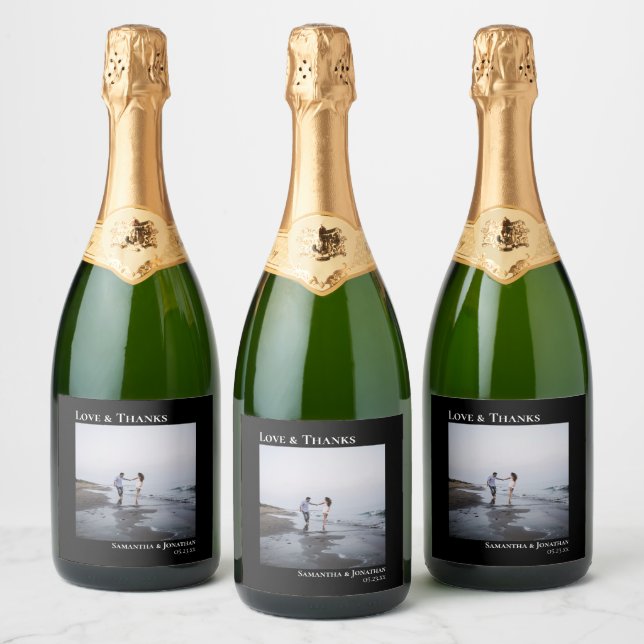 Étiquettes Pour Bouteilles De Vin Mousseux Amour & Merci Simple Black Modern Mariage Photo (Bouteilles)