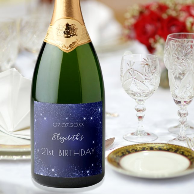 Étiquettes Pour Bouteilles De Vin Mousseux Anniversaire bleu marine parties scintillant monog (Créateur téléchargé)