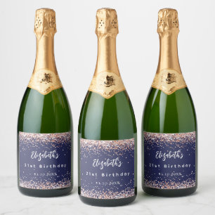 Étiquettes Pour Bouteilles De Vin Mousseux Anniversaire bleu marine rose confetti d'or