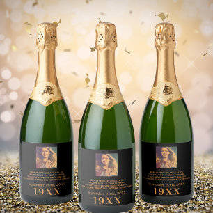Étiquettes Pour Bouteilles De Vin Mousseux Anniversaire de fête noir or année né photo bio