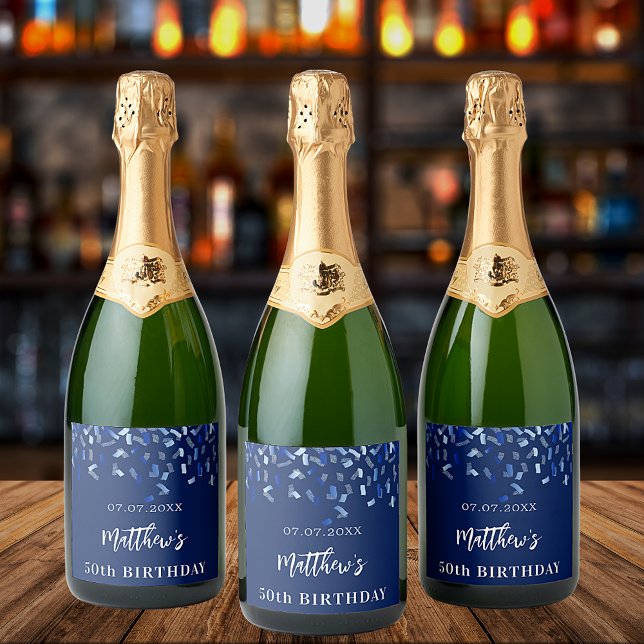 Étiquettes Pour Bouteilles De Vin Mousseux Anniversaire de la fête marine bleu confetti nom (Créateur téléchargé)