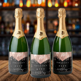 Étiquettes Pour Bouteilles De Vin Mousseux Anniversaire noir rose or parties scintillant ball
