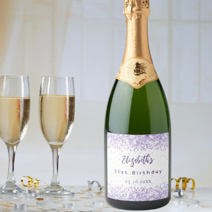 Étiquettes Pour Bouteilles De Vin Mousseux Anniversaire violet blanc confetti élégant