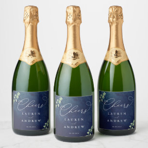 Étiquettes Pour Bouteilles De Vin Mousseux Aquarelle bleu foncé Mariage