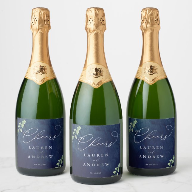Étiquettes Pour Bouteilles De Vin Mousseux Aquarelle bleu foncé Mariage (Bouteilles)