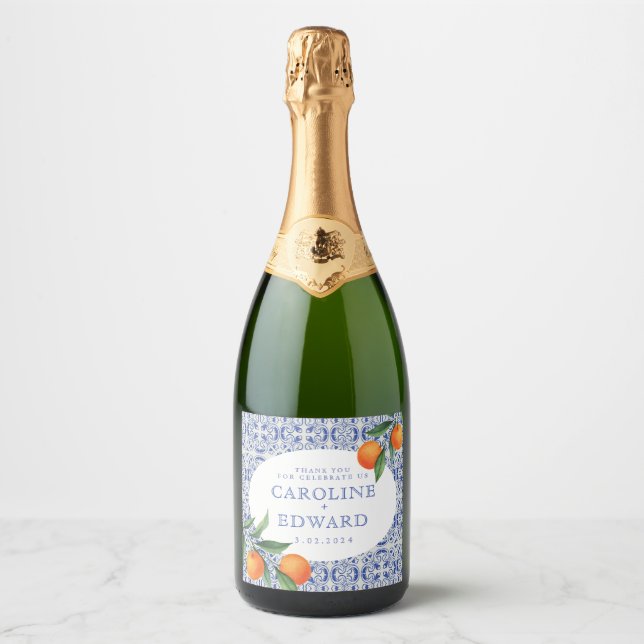 Étiquettes Pour Bouteilles De Vin Mousseux Aquarelle bleu Mariage méditerranéen (Devant)
