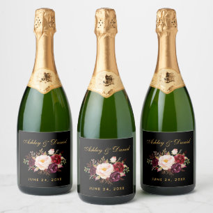 Étiquettes Pour Bouteilles De Vin Mousseux Aquarelle Bourgogne Floral Mariage Black Gold