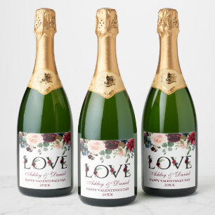 Étiquettes Pour Bouteilles De Vin Mousseux Aquarelle Bourgogne Mixte Floral Valentine's Love