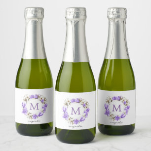 Étiquettes Pour Bouteilles De Vin Mousseux Aquarelle Magnolia pourpre Monogramme de couronne