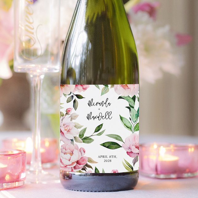 Étiquettes Pour Bouteilles De Vin Mousseux Aquarelle Peony Magnolia Mariage rose (Créateur téléchargé)
