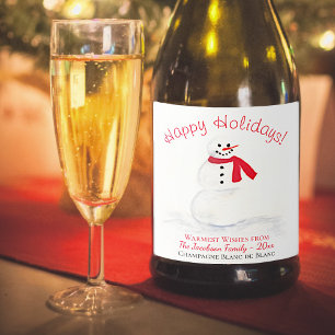 Étiquettes Pour Bouteilles De Vin Mousseux Aquarelle Snowman Joyeux Vacances Rouge & Blanc