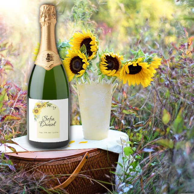 Étiquettes Pour Bouteilles De Vin Mousseux Arc de marguerite blanc tournesol élégant (Créateur téléchargé)