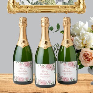 Étiquettes Pour Bouteilles De Vin Mousseux Assiette de fête d'anniversaire à fleurs roses