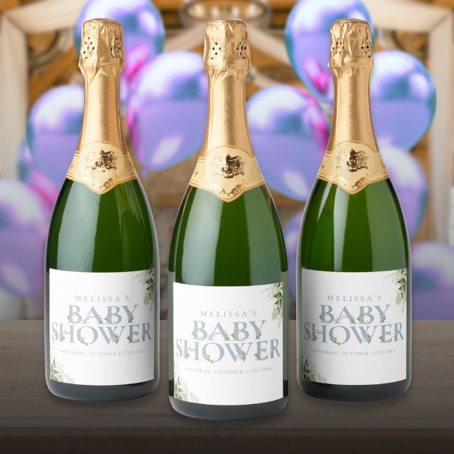 Étiquettes Pour Bouteilles De Vin Mousseux Baby shower garçon Dusty Blue Greenery (Dusty Blue Greenery Boy Baby Shower Sparkling Wine Label)