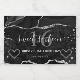 Étiquettes Pour Bouteilles De Vin Mousseux Black and Silver Glitter Agate Marble Sweet 16