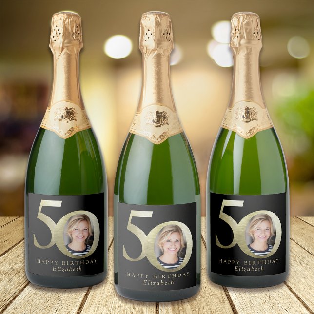 Étiquettes Pour Bouteilles De Vin Mousseux Black Gold Photo 50e anniversaire (Créateur téléchargé)