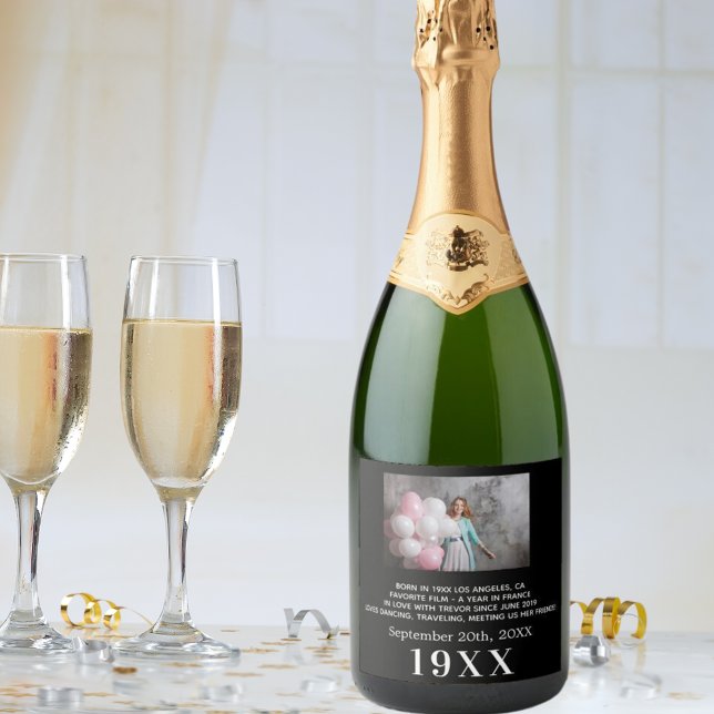 Étiquettes Pour Bouteilles De Vin Mousseux Black white année photo bio anniversaire (Créateur téléchargé)