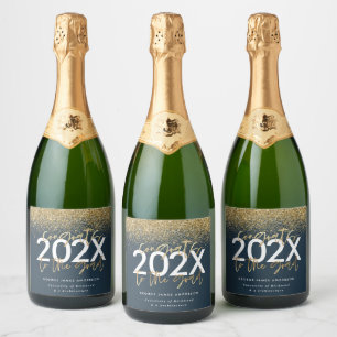Étiquettes Pour Bouteilles De Vin Mousseux Bleu et or écriture moderne parties scintillant g