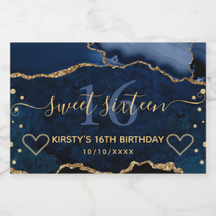 Étiquettes Pour Bouteilles De Vin Mousseux Bleu Nuit et Or Paillettes Agate Marbre Sweet 16