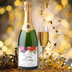 Étiquettes Pour Bouteilles De Vin Mousseux Boho Rustic Watercolor Floral 100e anniversaire