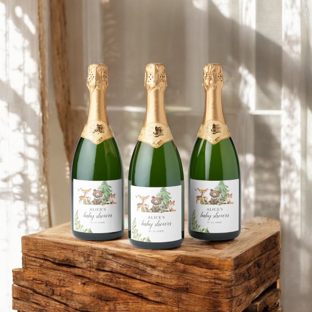 Étiquettes Pour Bouteilles De Vin Mousseux Boho Woodland Animaux Baby shower rustique (Créateur téléchargé)