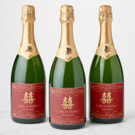 Étiquettes Pour Bouteilles De Vin Mousseux Bordure fleurie or rouge mariage chinois double xi