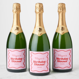Étiquettes Pour Bouteilles De Vin Mousseux Bordure rose rouge vague Anniversaire Dîner