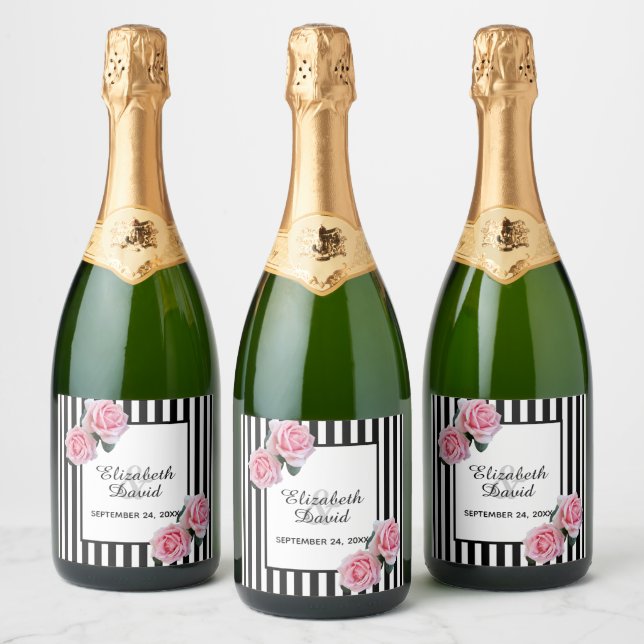 Étiquettes Pour Bouteilles De Vin Mousseux Brayures blanches noires fleurs roses rose mariage (Bouteilles)